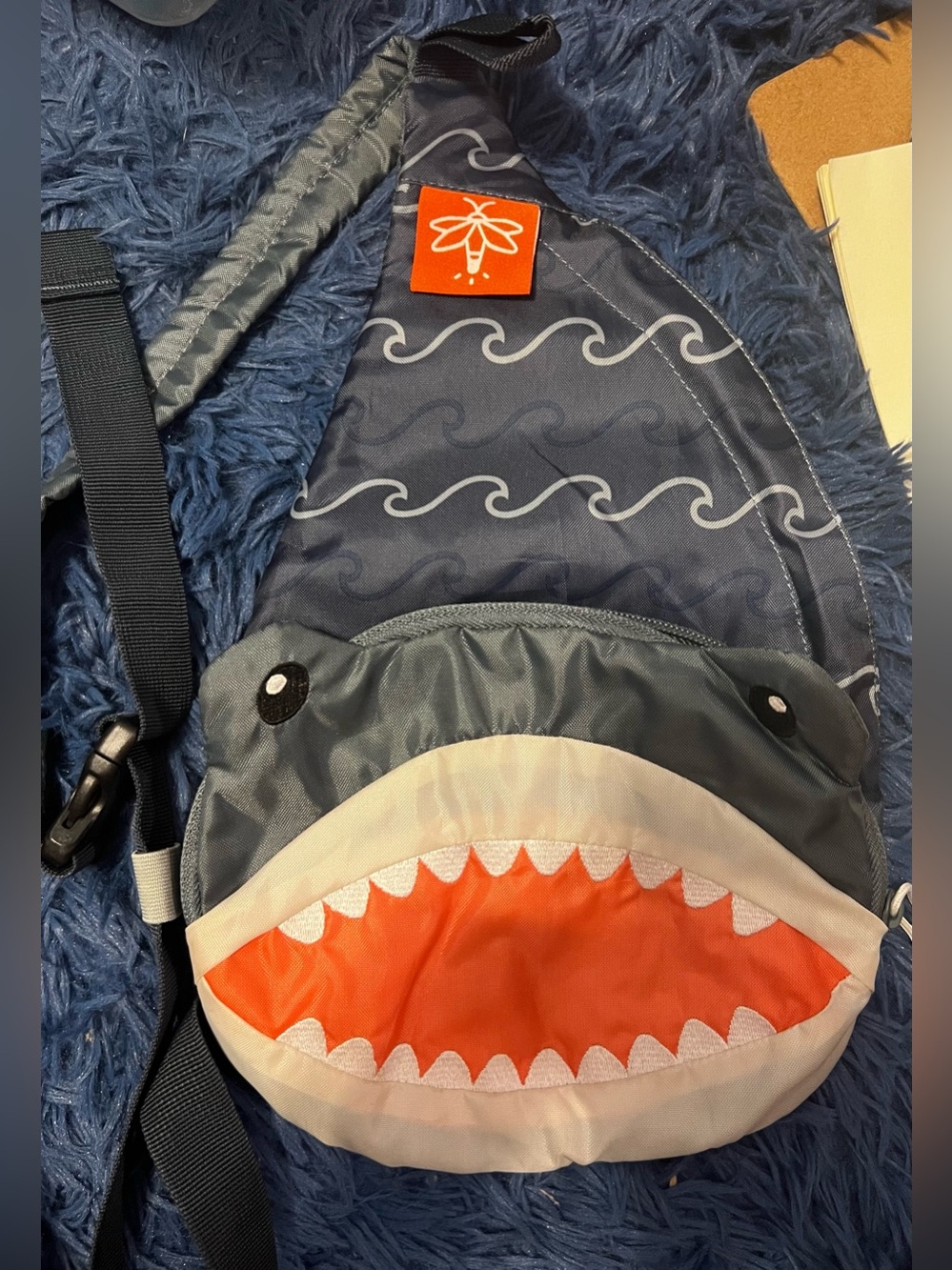 Shark Face Kids Crossbody Bag – Navy, Gray & Orange by Firefly